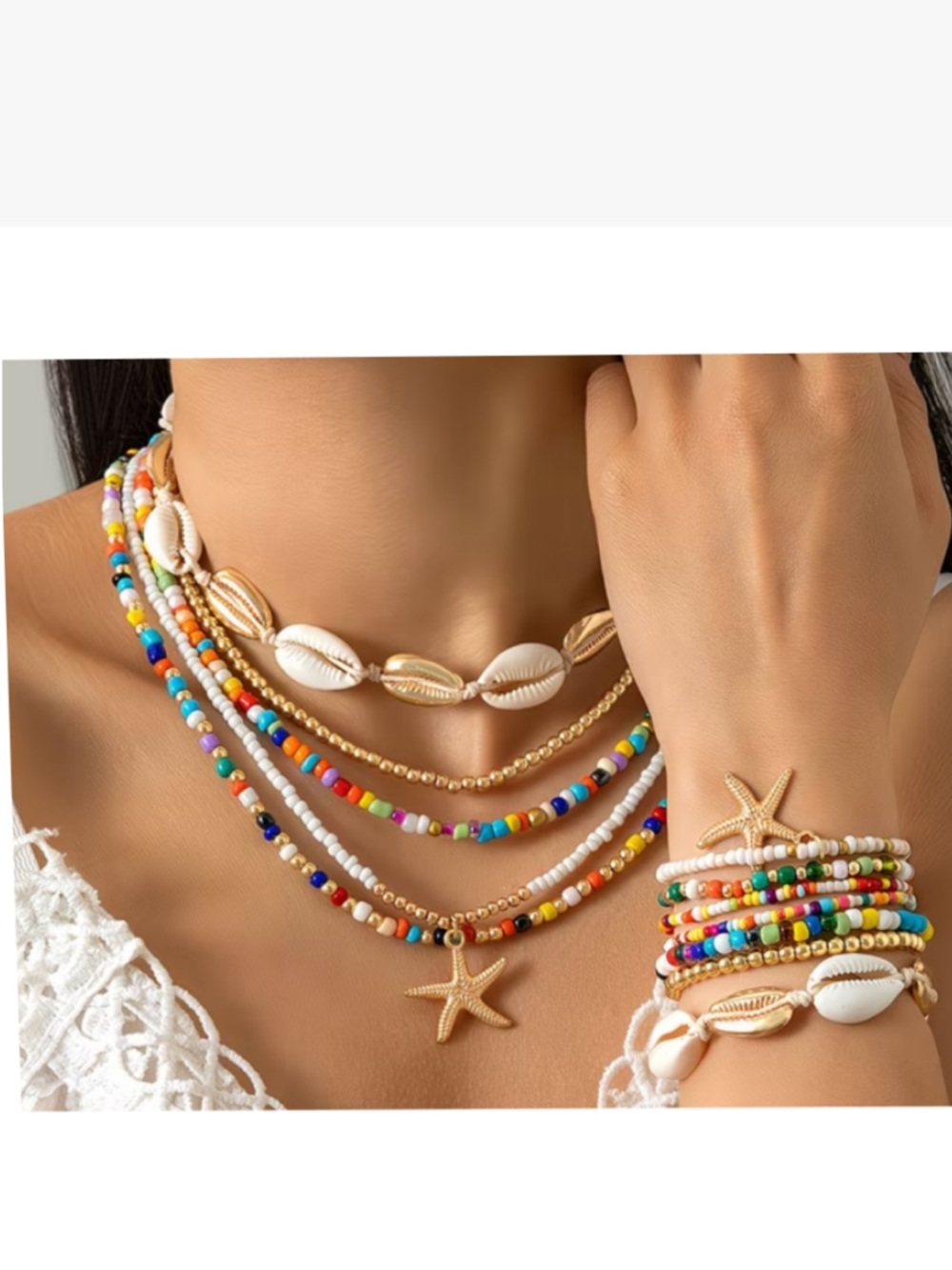 Layered Necklace & Bracelet Set Multicolor Beaded Shell & Starfish
